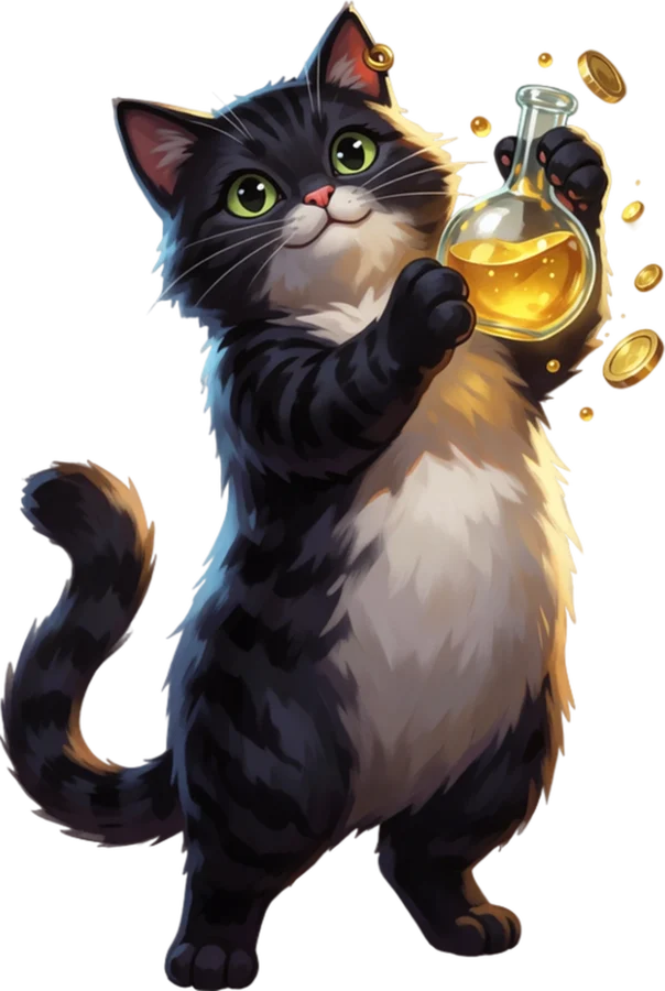 FlipyCat as an alchemist, holding a flask of molten gold
